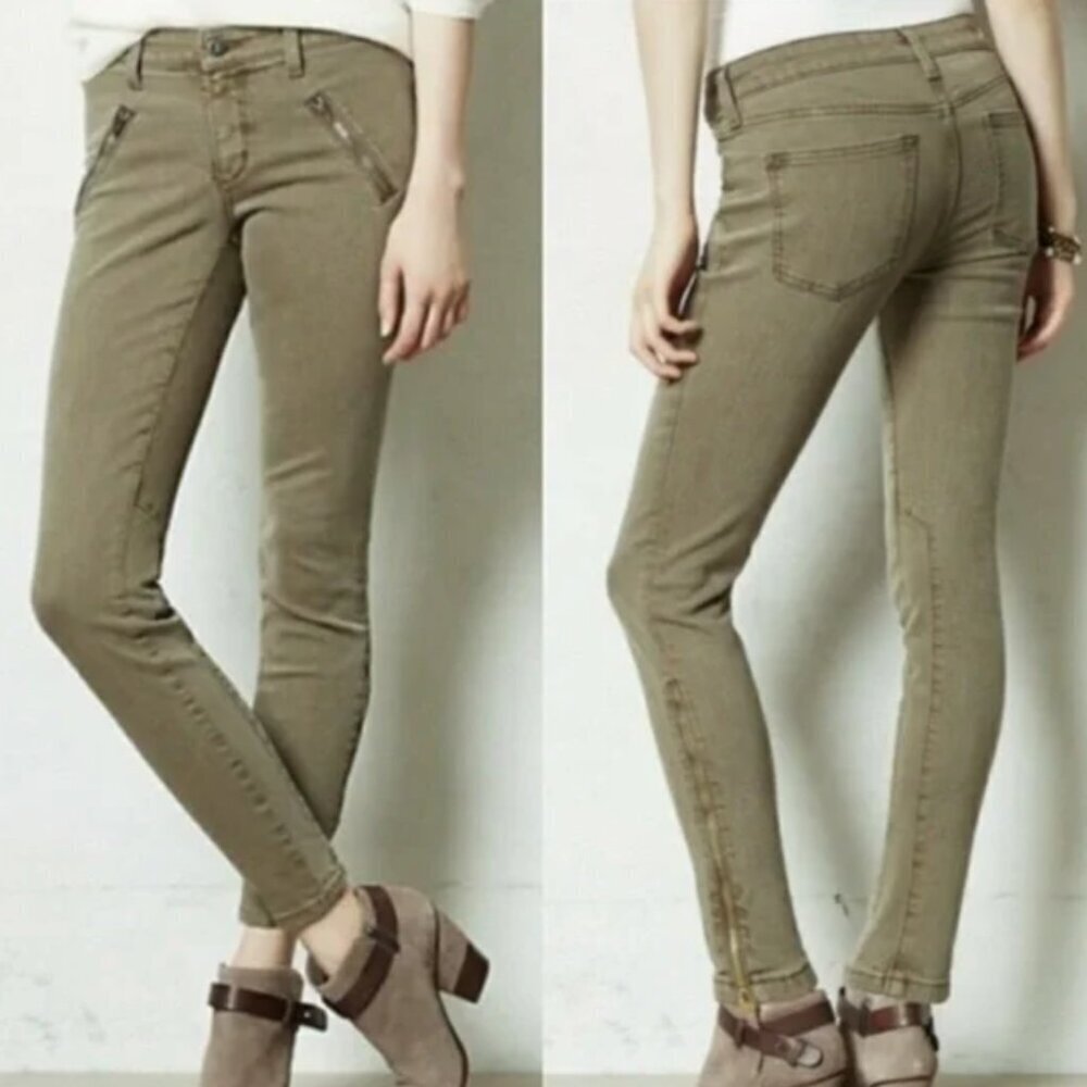 Pilcro and the Letterpress Olive Green Serif Zip Moto Ankle Skinny Jeans Size 27